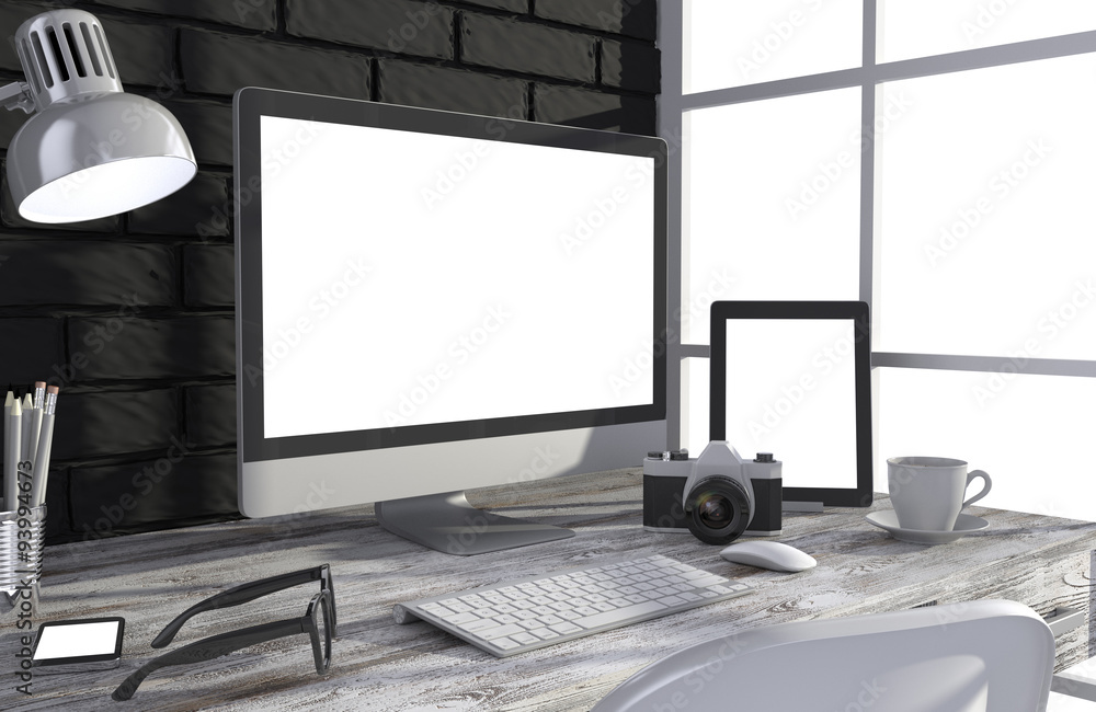 Fototapeta premium 3D illustration PC screen on table in office, Workspace