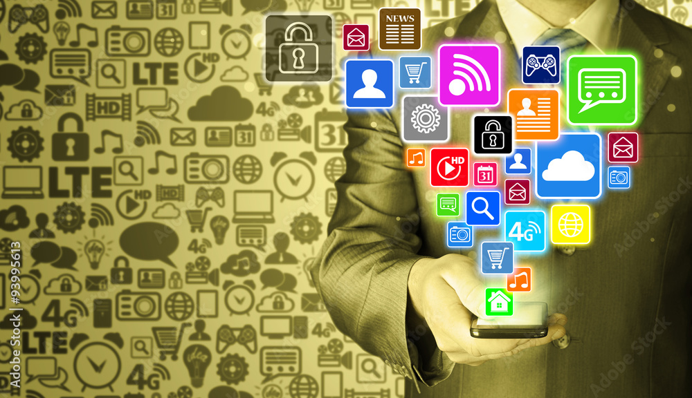 Business man using smart phone with social media icon set Business man using smart phone with social media icon set