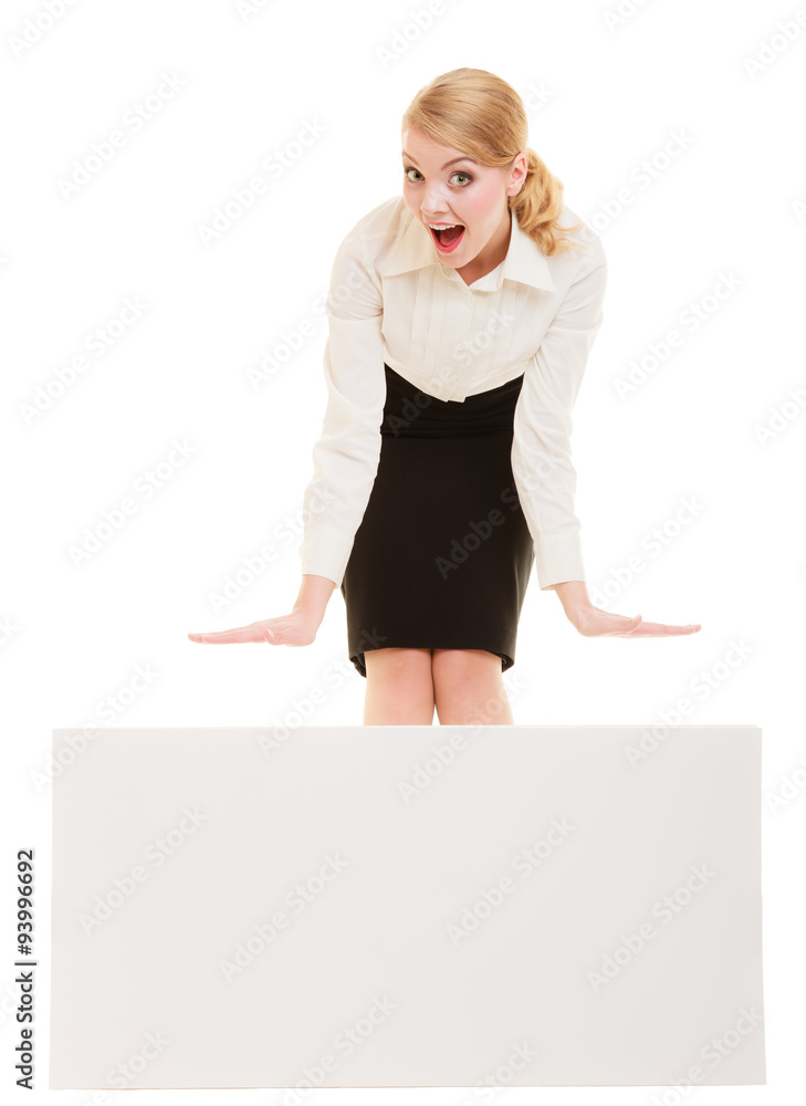 Ad. Businesswoman showing blank copy space banner Ad. Businesswoman showing blank copy space banner