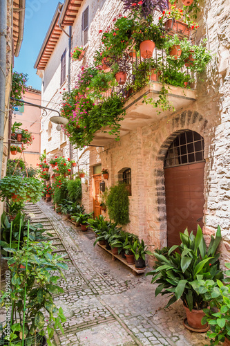 Fototapeta Naklejka Na Ścianę i Meble -  Wonderful decorated porch in small town in Italy, Umbria