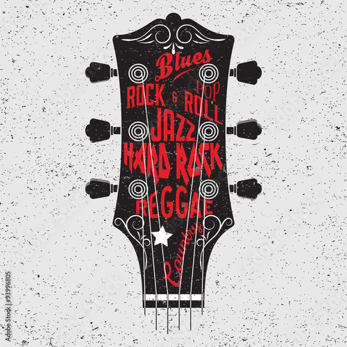 Hand drawn illustration with with a guitar head and lettering.