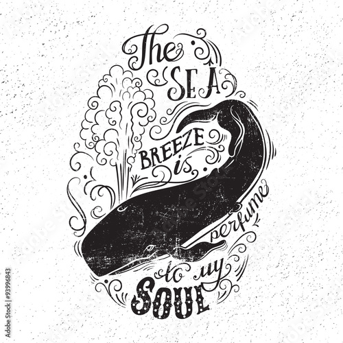 Hand drawn illustration with with a whale and lettering.