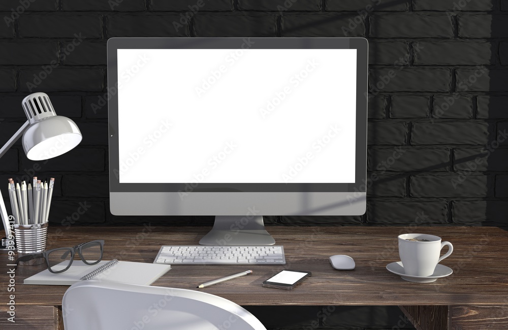 Fototapeta premium 3D illustration PC screen on table in office, Workspace