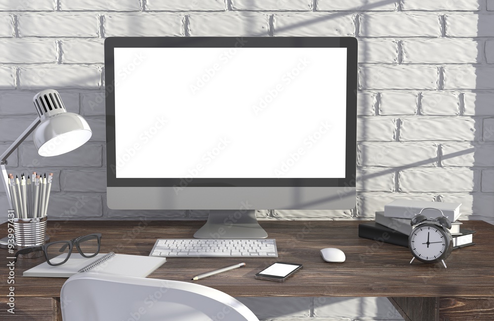 Fototapeta premium 3D illustration PC screen on table in office, Workspace