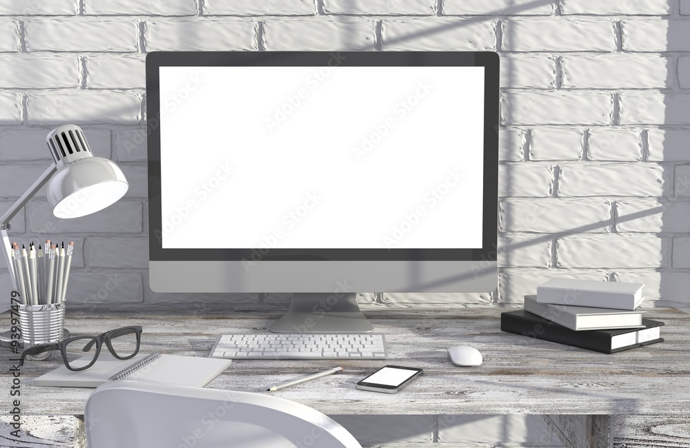 Fototapeta premium 3D illustration PC screen on table in office, Workspace