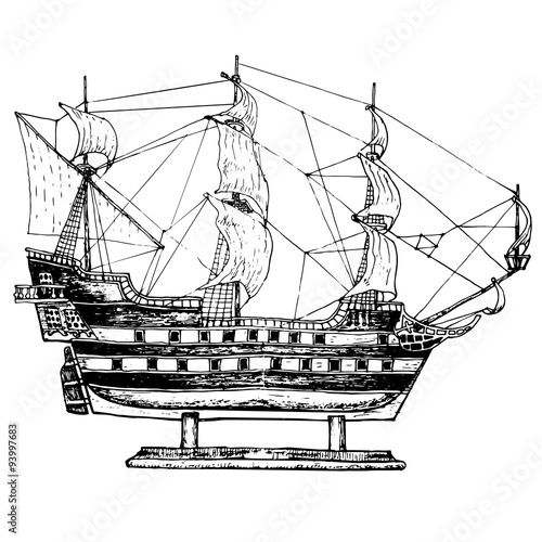 Sailing ship model. Hand drawn sketch, vector