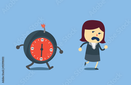 Businesswoman run away from bomb time which chasing her. This illustration meaning to deadline in work.