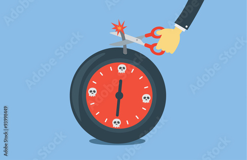 Hand holding scissors cutting time bomb fuse to protect damage. This illustration meaning to keep deadline in work.