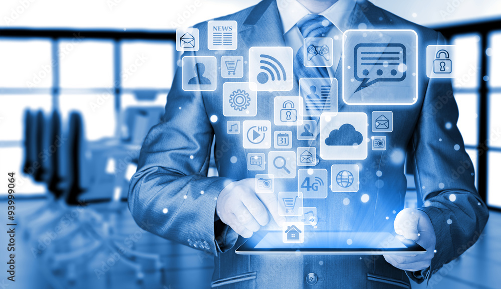 Business man using tablet PC with social media icon set Business man using tablet PC with social media icon set