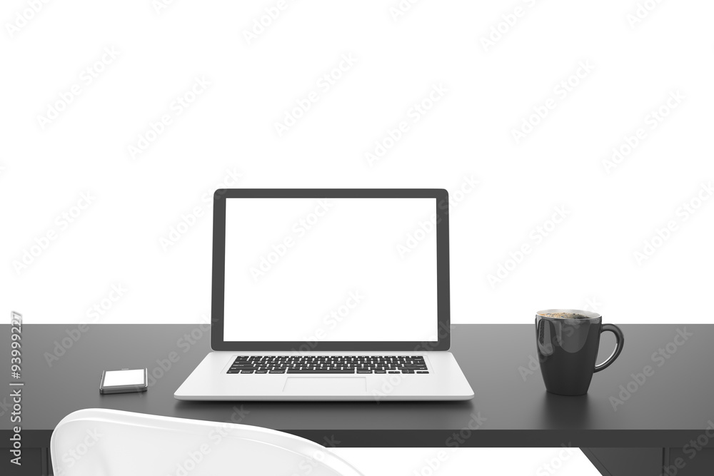 3D illustration laptop and work stuff on table , Workspace 3D illustration laptop and work stuff on table , Workspace