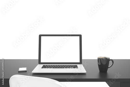 3D illustration laptop and work stuff on table , Workspace