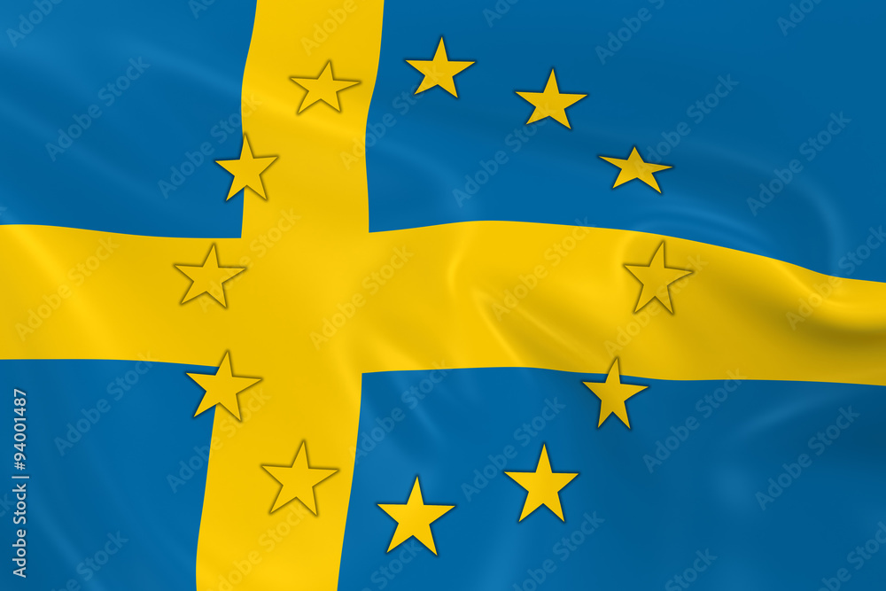 Sweden EU Member Concept Image - 3D render of a waving Swedish Flag with European Union Stars