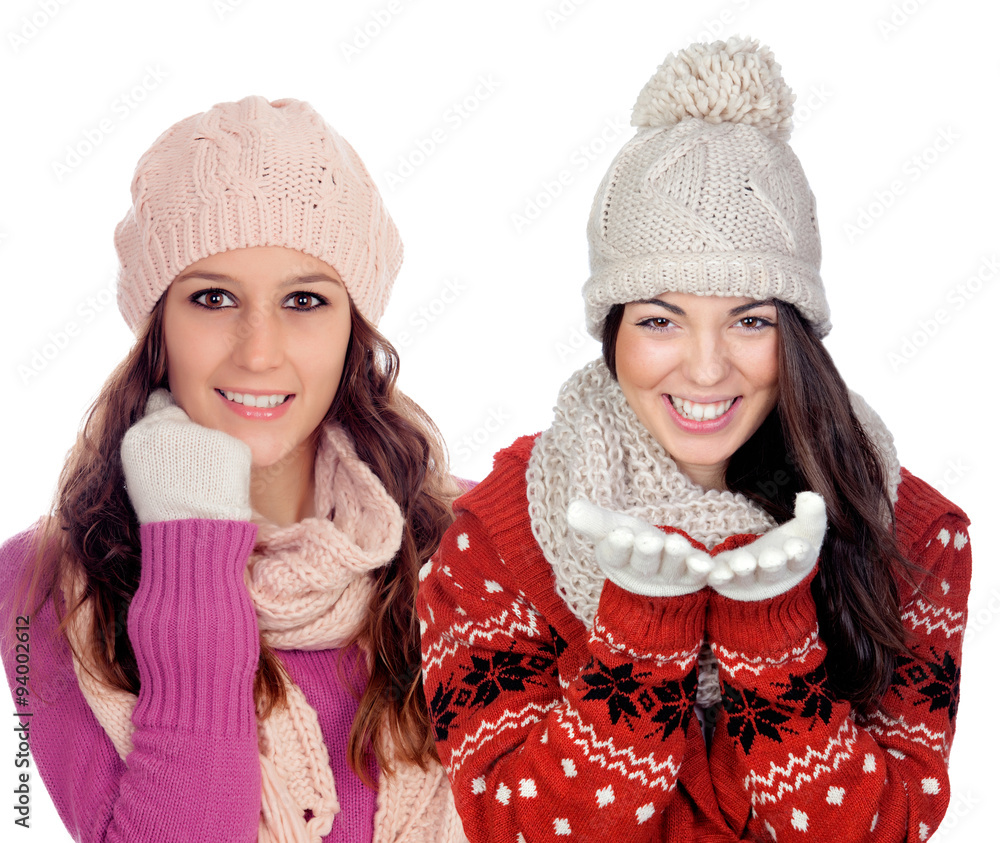 Pretty girls with woolen clothes smiling Stock Photo