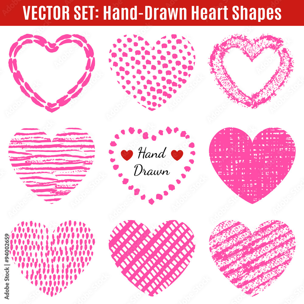 Set of hand-drawn textures heart shapes.  Vector illustration fo