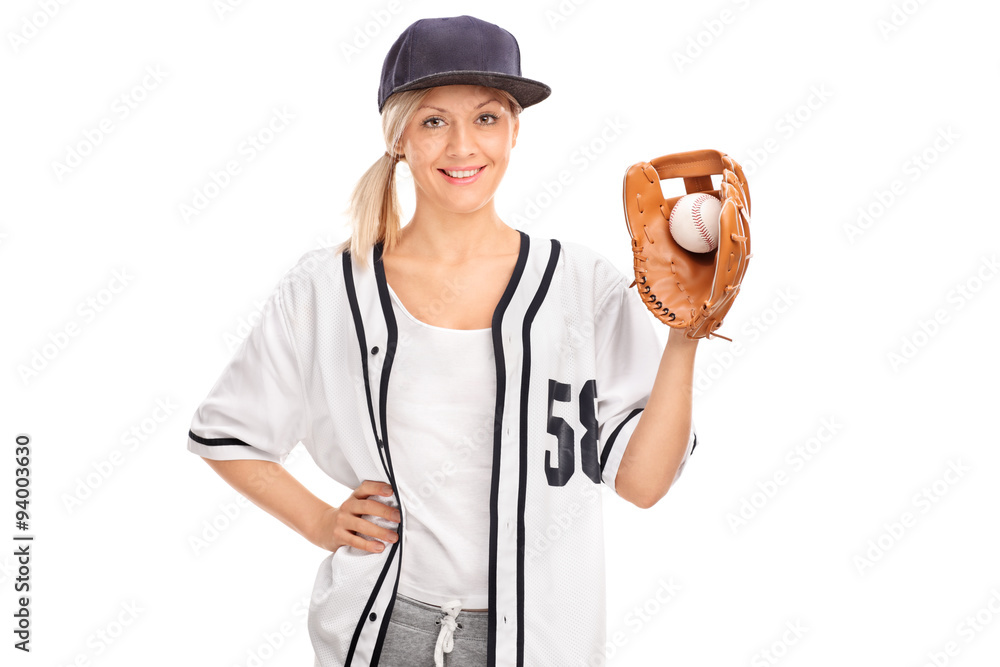 Fotografie Female baseball player holding a ball