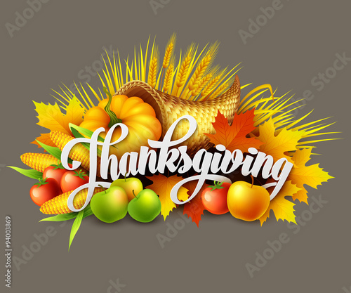 Illustration of a Thanksgiving cornucopia full of harvest fruits