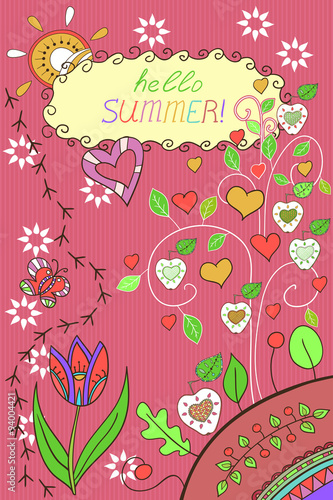 Template for invitation cards. Beautiful greeting card. Summer holiday doodle background. Hand drawn ornaments. Vector cards design. 