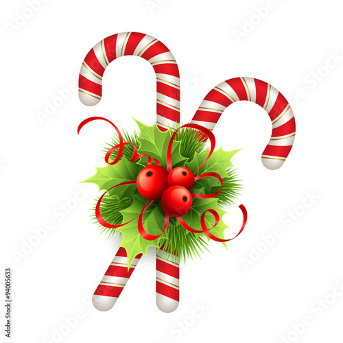 Christmas decoration with holly leaves, bow  and candy. Vector