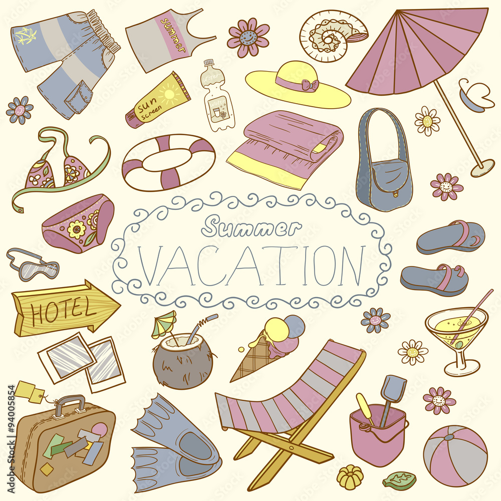 Template for card of vacation. Summer card. Summer holiday doodle background. Template for card of vacation. Summer card. Summer holiday doodle background.
