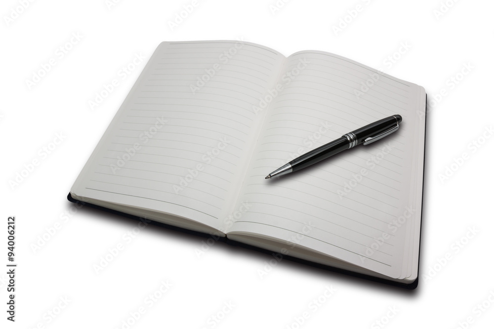 Notebook and a black pen isolated on white background. Notebook and a black pen isolated on white background.
