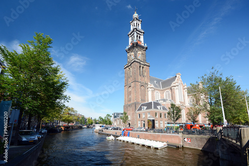 Canvas Print Westerkerk als Kirche an Gracht in Amsterdam