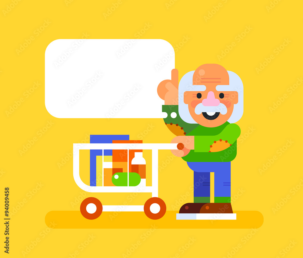 Elderly man with a trolley at a supermarket holding up an index finger, and gives advice. Cute character - customer with speech bubble. Stock vector illustration in flat style.
