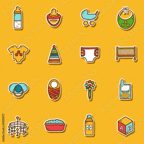 Set of hand drawn stickers on baby care theme