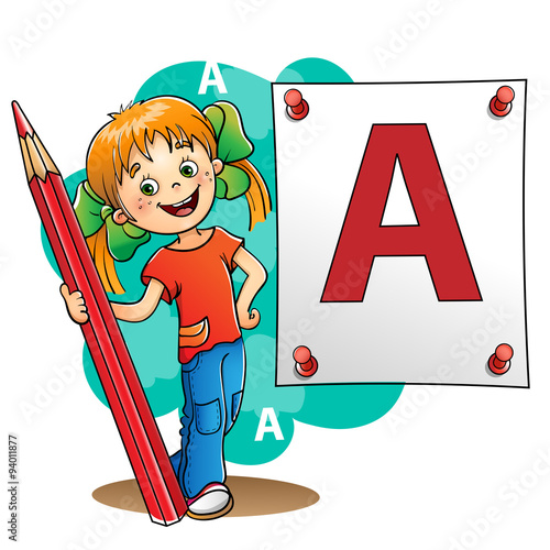  Young Girl  drawing a large letter in red pencil