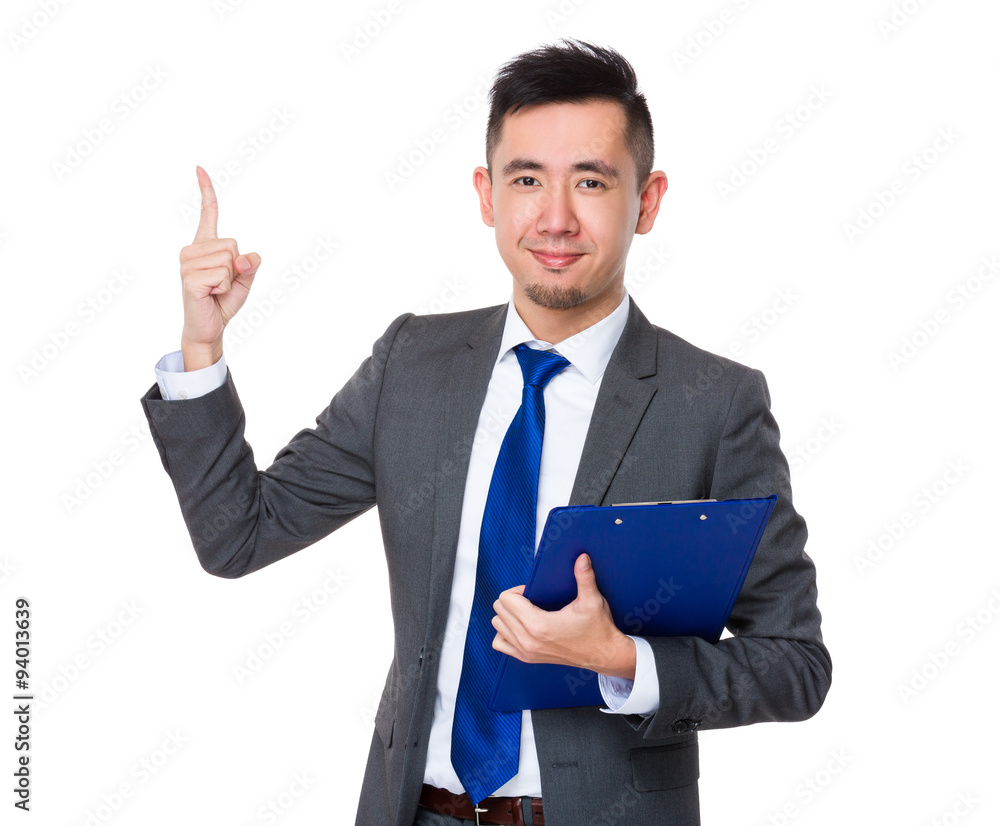Businessman hold with clipboard and finger point up Businessman hold with clipboard and finger point up