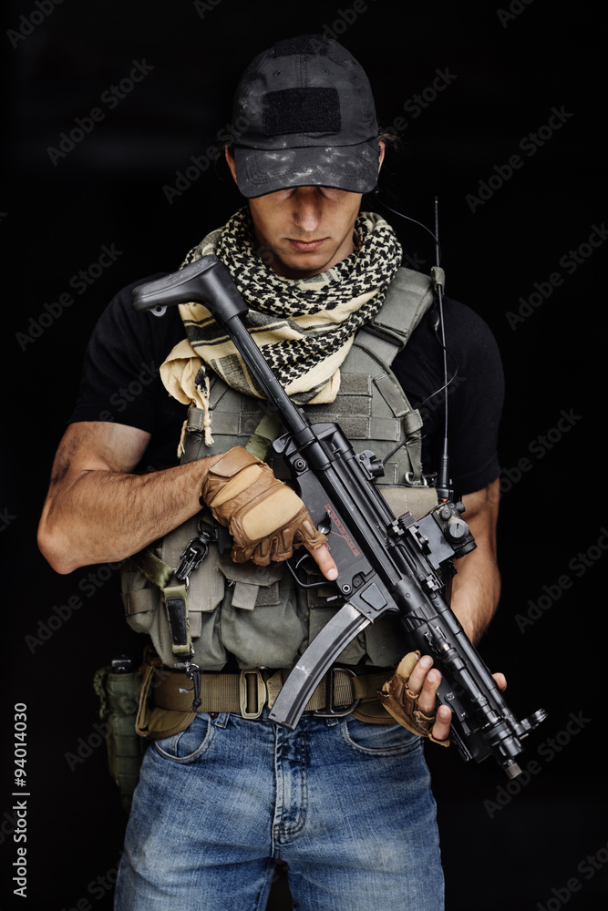 Terrorist during the special secret operation on dark background Terrorist during the special secret operation on dark background