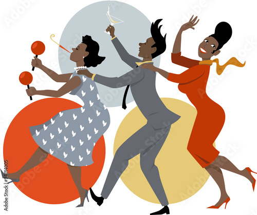 Group of people dressed in late 1950s early 1960s fashion dancing conga with maracas, party whistle and a cocktails, vector illustration, no transparencies, EPS 8