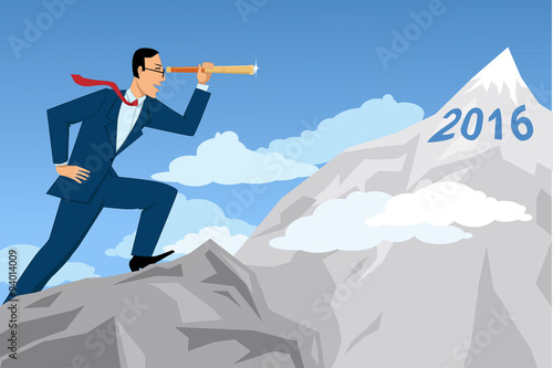 Businessman looking through the telescope at the mountaintop with numbers 2016 on it, EPS8 vector illustration