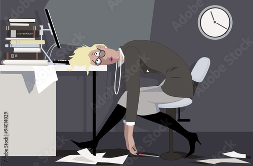 Exhausted woman sitting in the office late at night, putting her head on the desk, EPS 8 vector illustration