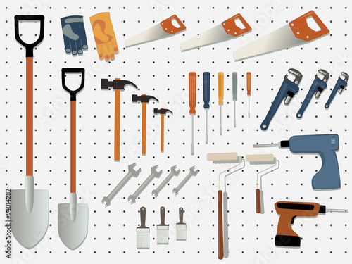 Display wall of a hardware store filled with assorted tools, EPS 8 vector illustration