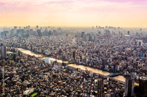Photography aerial view of Tokyo, Japan at sunset