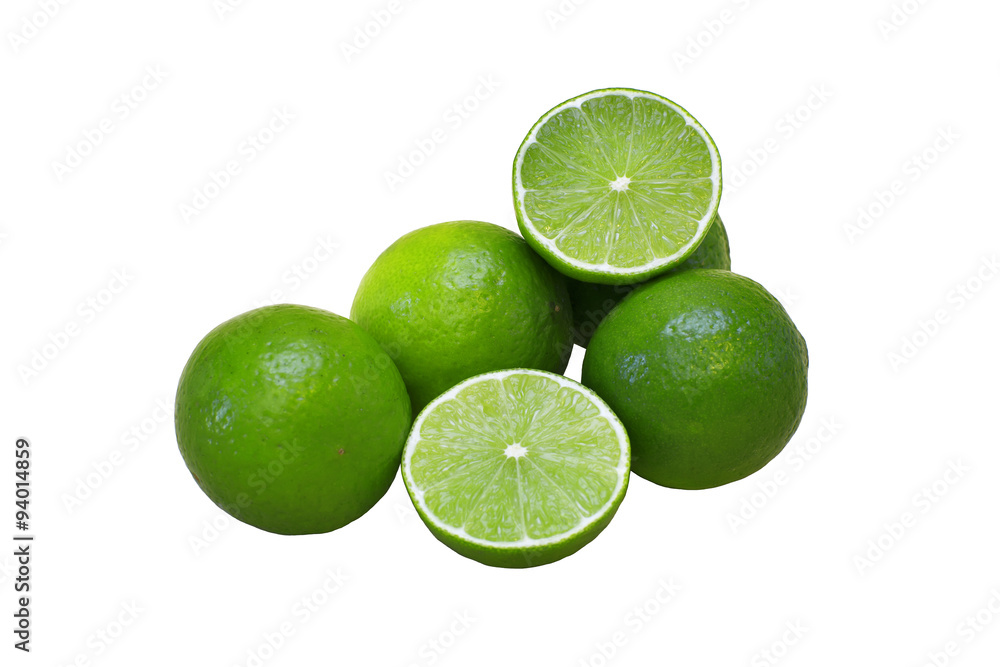 Group of fresh limes, isolated on white background. Image of natural materials. Eco style. Group of fresh limes, isolated on white background. Image of natural materials. Eco style.