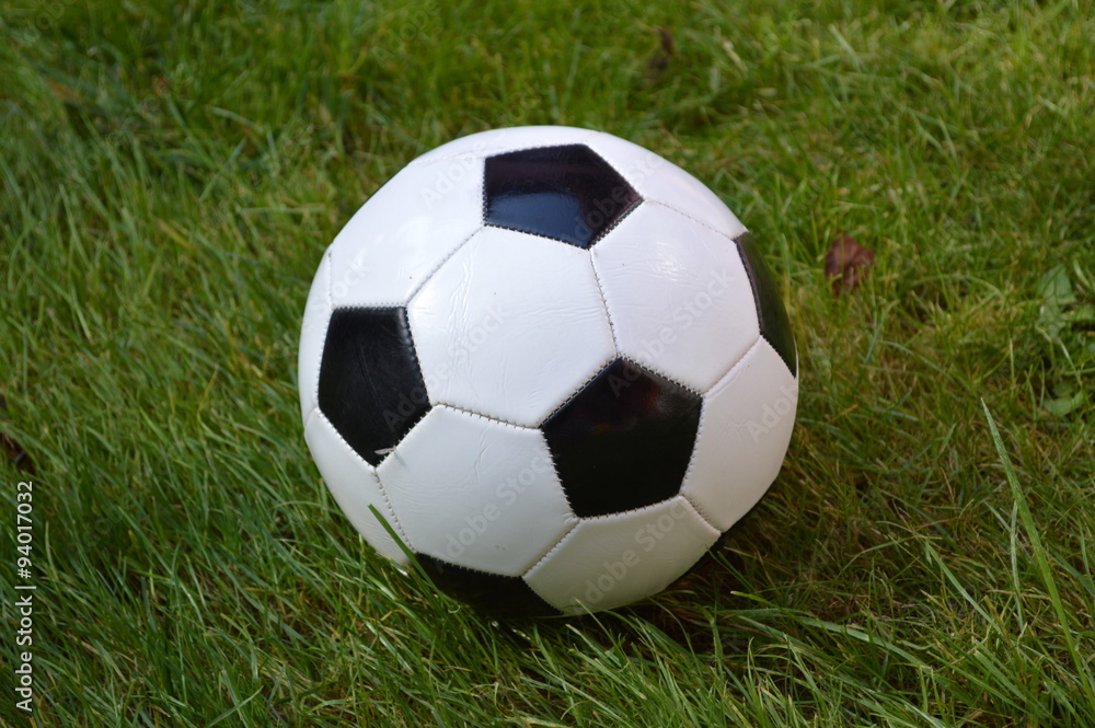 Black and White soccer ball on a green grass field