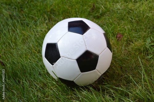 Black and White soccer ball on a green grass field © despotodstiga
