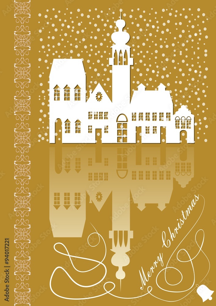 Christmas card with old city idyllic white silhouette on gold background with mirror image, inscription merry Christmas. Calligraphic curve and fine filigree patterns on left edge.