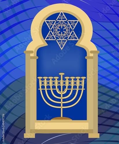 Nine branched candle holder and David star in synagogue window. Gold Hanukkah symbol on dark blue wavy background.