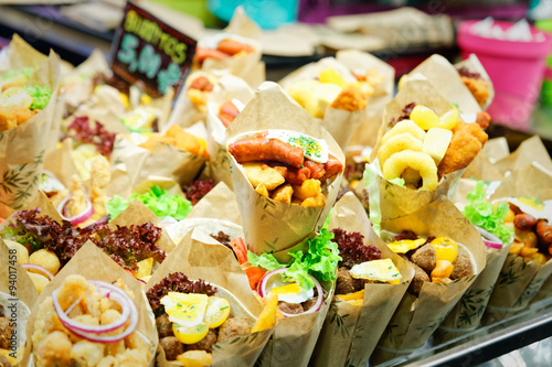 Canvas Print Burrito (Mexican fare) exposed for sale in a Spanish market