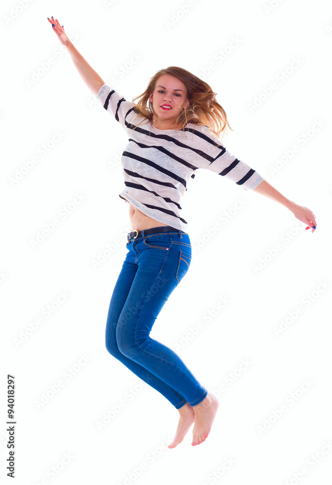 Obraz premium smiling girl in white blank t-shirt jumping