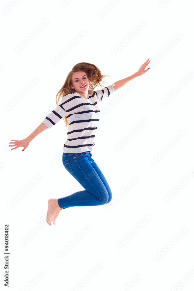 smiling girl in white blank t-shirt jumping smiling girl in white blank t-shirt jumping