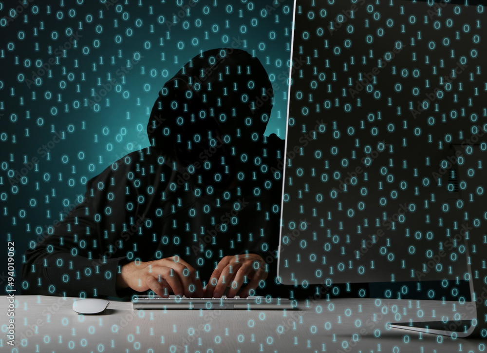 Hacker working with computer, binary code background Stock Photo ...