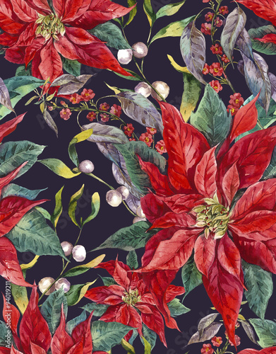 Christmas floral seamless pattern with poinsettia.
