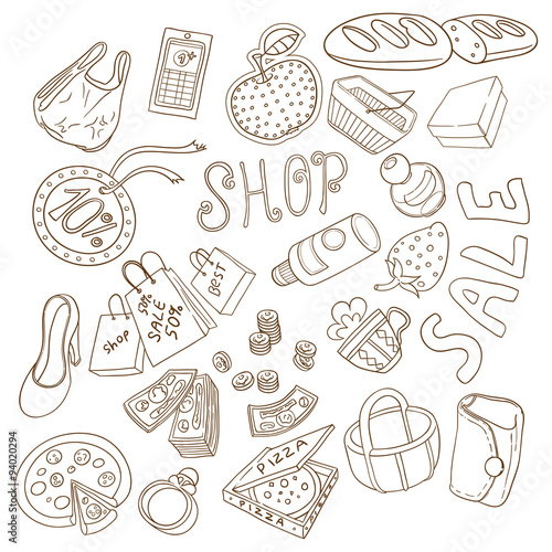 Set of objects shopping. Hand drawn ornaments. Outline without color fill. Doodles.