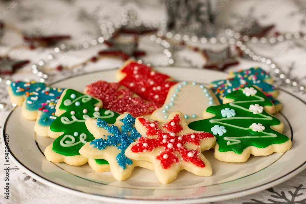 Homemade Christmas cutout cookies on serving plate