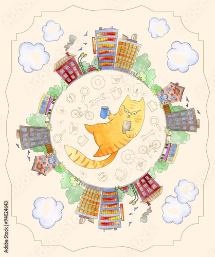 Vector illustration of watercolor. Illustration watercolor city. Decorative sketch of cartoon city. Watercolor illustration of cat hipster. Template for card with watercolor illustration.
