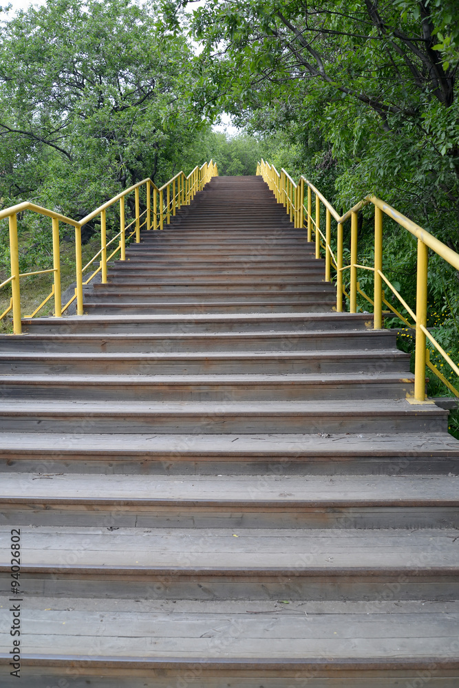 Wooden ladder with a yellow handrail in park. Bottom view Wooden ladder with a yellow handrail in park. Bottom view