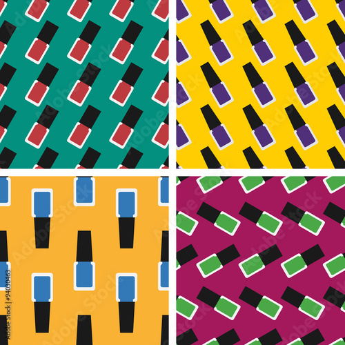 Flat nail polish seamless patterns set. Manicure and pedicure colorful nail polish illustrations in patterns for your design.